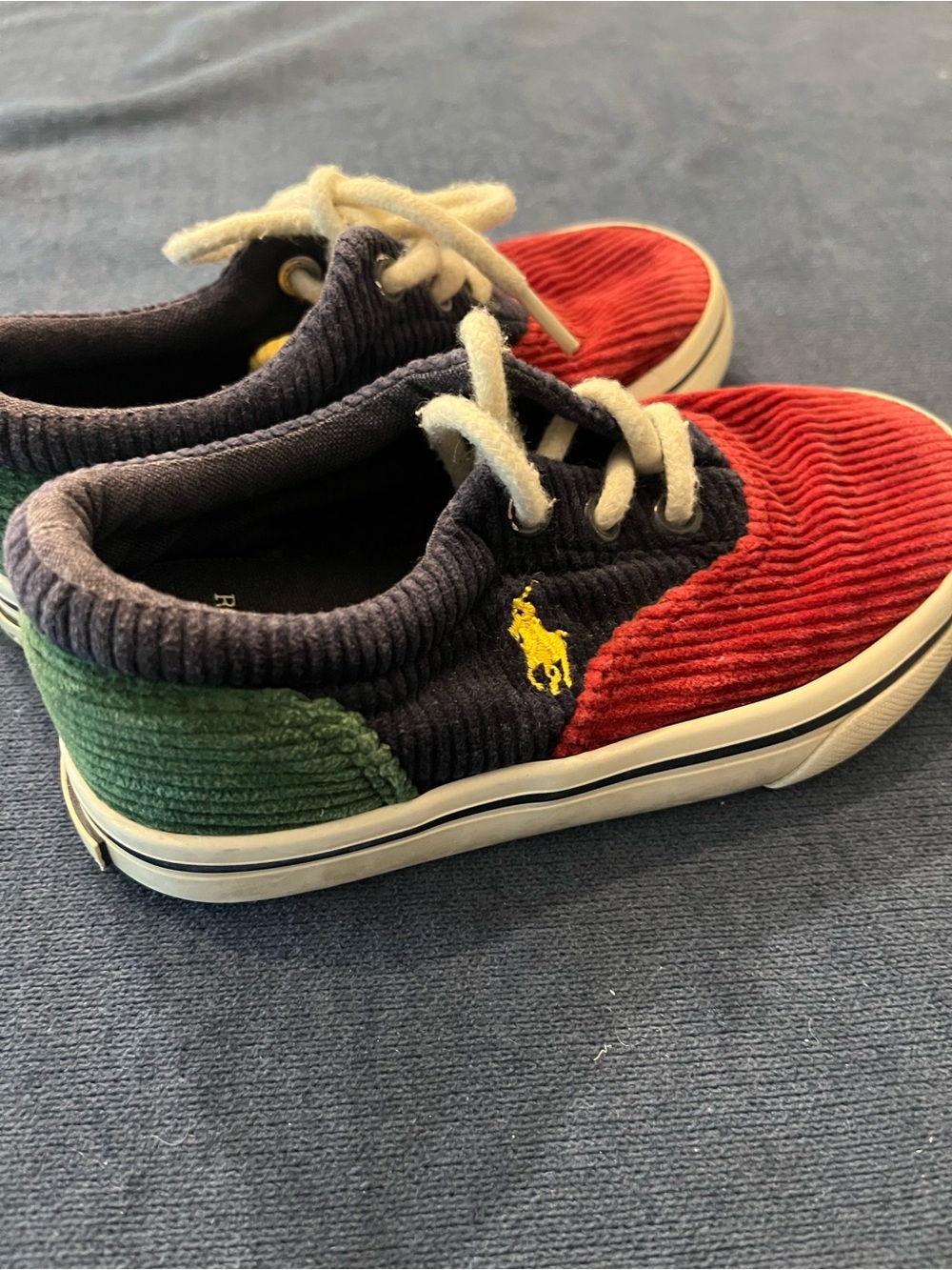 Ralph Lauren Kids Corduroy Sneakers in Red, Navy & Green with Yellow Pony